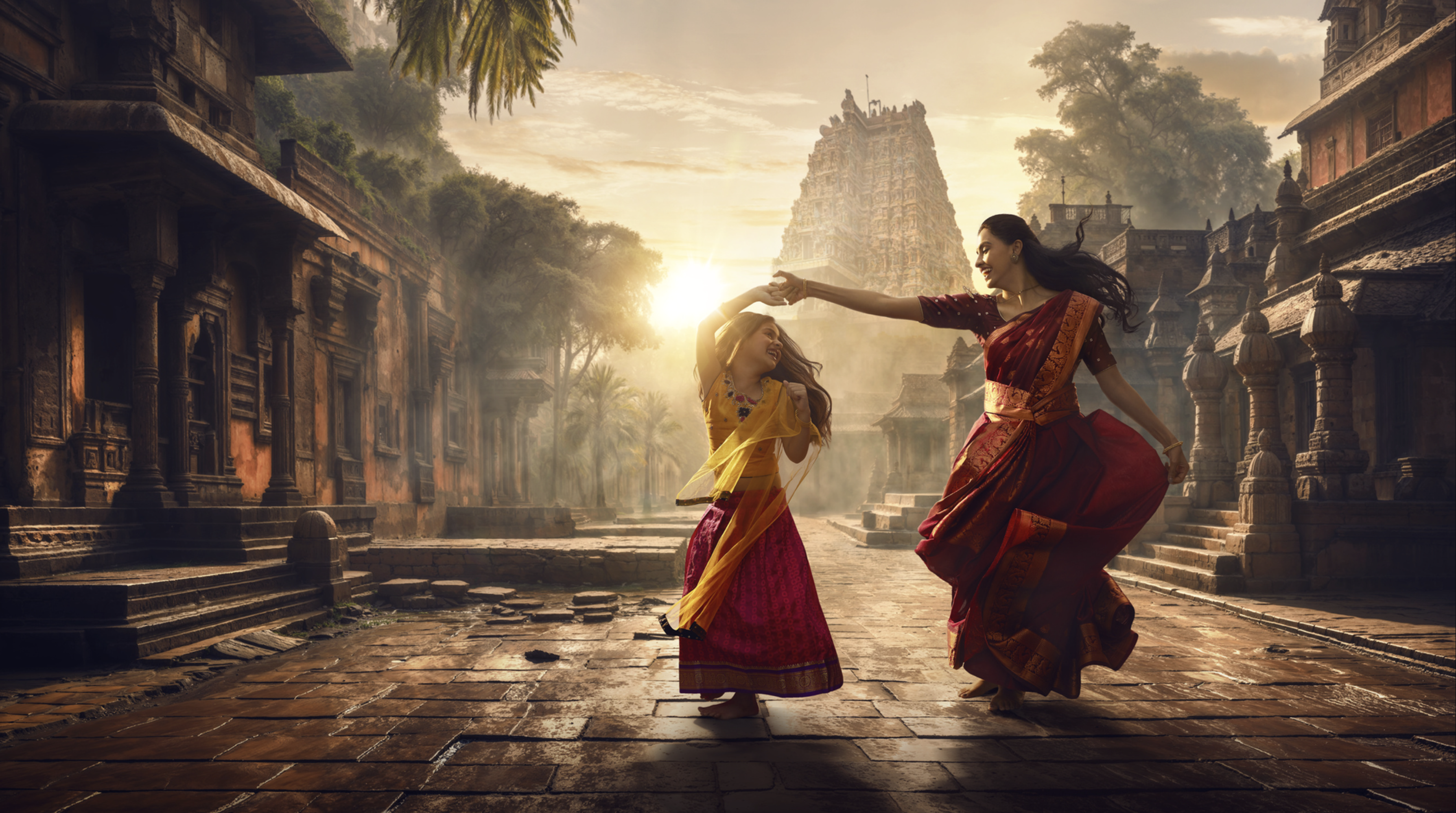 Woman and child dancing in a temple courtyard